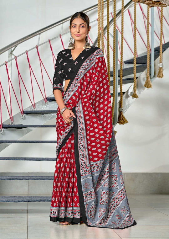 Red Pure Mulmul Cotton Hand Block Print Saree With Blouse Piece