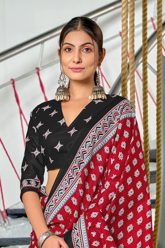 Red Pure Mulmul Cotton Hand Block Print Saree With Blouse Piece