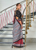 Red Pure Mulmul Cotton Hand Block Print Saree With Blouse Piece