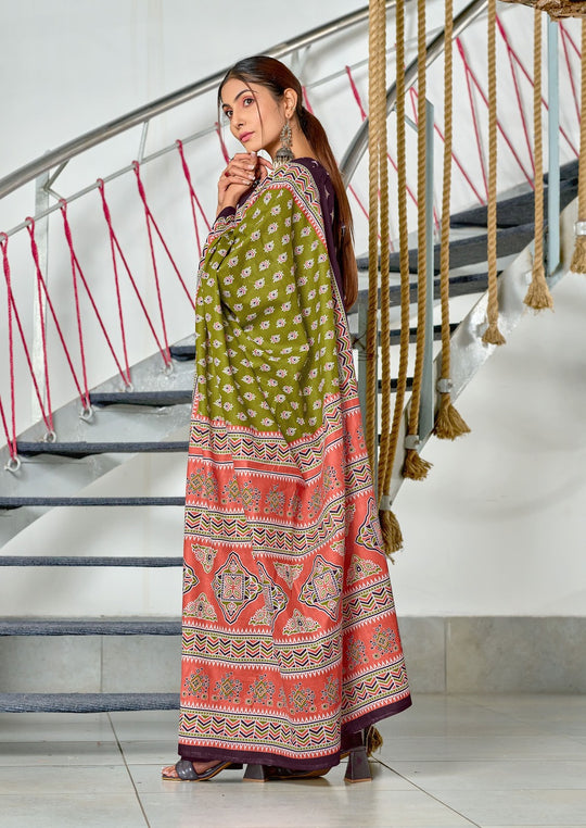 Lime Green Pure Mulmul Cotton Hand Block Print Saree With Blouse Piece