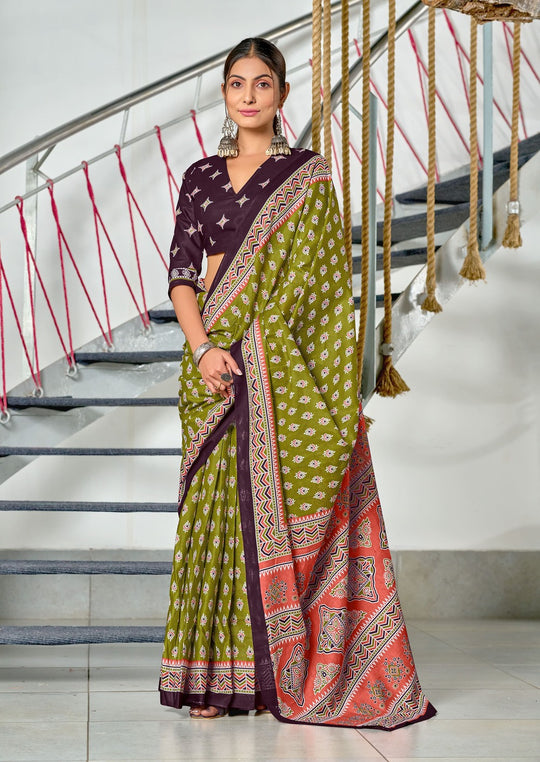 Lime Green Pure Mulmul Cotton Hand Block Print Saree With Blouse Piece