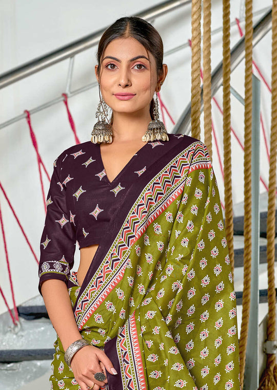 Lime Green Pure Mulmul Cotton Hand Block Print Saree With Blouse Piece