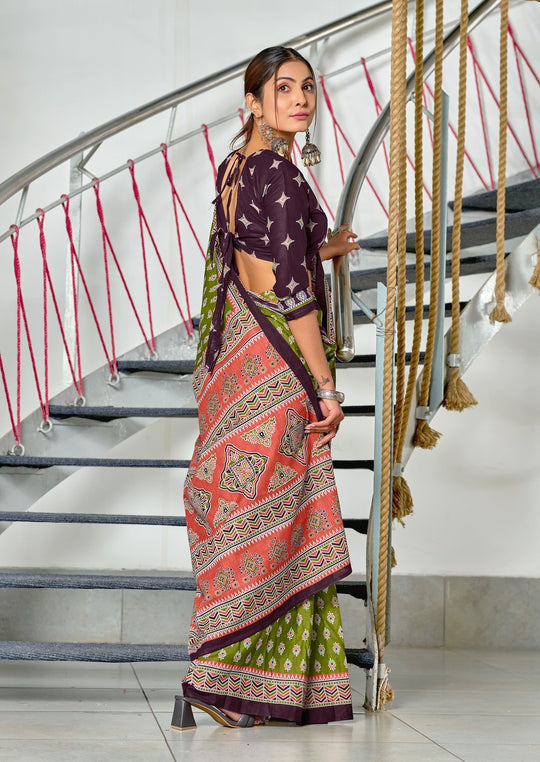 Lime Green Pure Mulmul Cotton Hand Block Print Saree With Blouse Piece