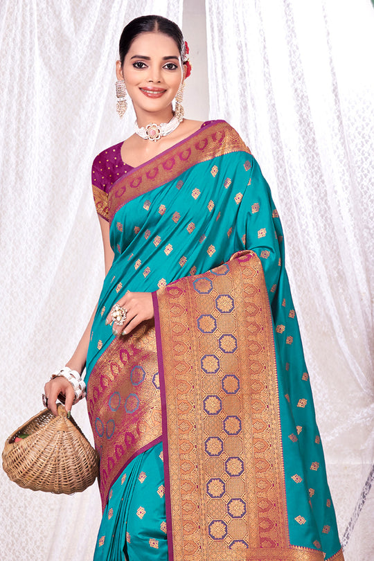 Teal Blue Banarasi Saree