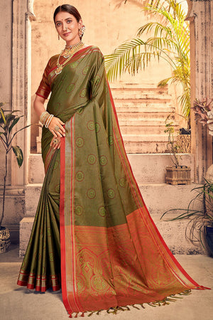 Womens Cotton Green Saree With Blouse Piece