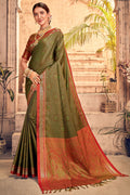 Womens Cotton Green Saree With Blouse Piece