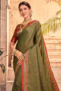 Womens Cotton Green Saree With Blouse Piece