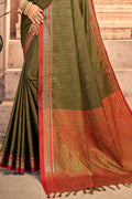 Womens Cotton Green Saree With Blouse Piece