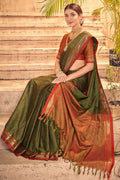 Womens Cotton Green Saree With Blouse Piece