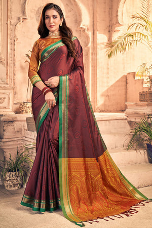 Womens Cotton Brown Saree With Blouse Piece