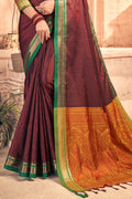 Womens Cotton Brown Saree With Blouse Piece