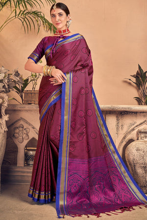 Womens Cotton Purple Saree With Blouse Piece
