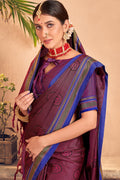 Womens Cotton Purple Saree With Blouse Piece