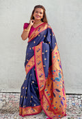 Navy Banarasi Silk Blend Saree With Blouse Piece