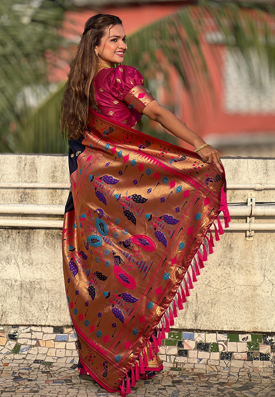 Navy Banarasi Silk Blend Saree With Blouse Piece