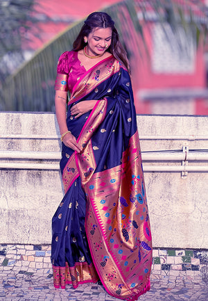 Navy Banarasi Silk Blend Saree With Blouse Piece