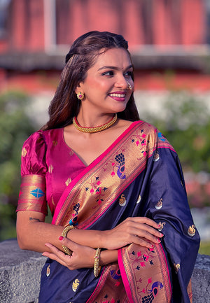 Navy Banarasi Silk Blend Saree With Blouse Piece