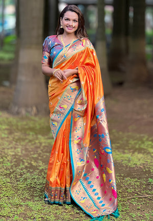 Orange Banarasi Silk Blend Saree With Blouse Piece