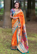 Orange Banarasi Silk Blend Saree With Blouse Piece