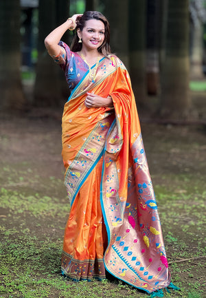 Orange Banarasi Silk Blend Saree With Blouse Piece