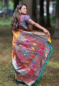Orange Banarasi Silk Blend Saree With Blouse Piece