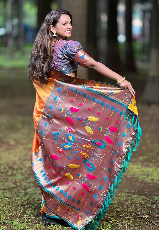 Orange Banarasi Silk Blend Saree With Blouse Piece