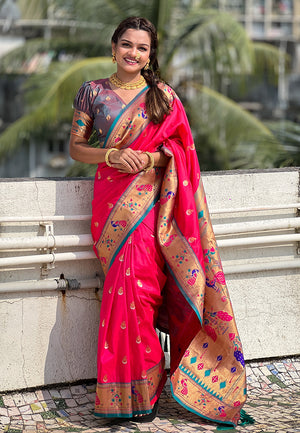 Pink Banarasi Silk Blend Saree With Blouse Piece