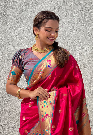 Pink Banarasi Silk Blend Saree With Blouse Piece