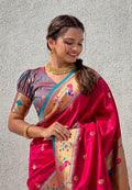 Pink Banarasi Silk Blend Saree With Blouse Piece