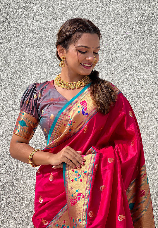 Pink Banarasi Silk Blend Saree With Blouse Piece