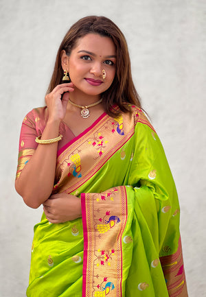 Pista Banarasi Silk Blend Saree With Blouse Piece