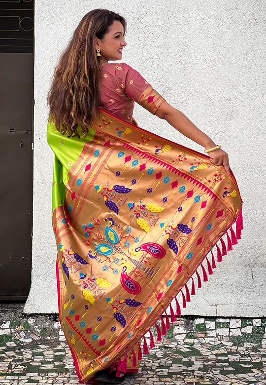 Pista Banarasi Silk Blend Saree With Blouse Piece