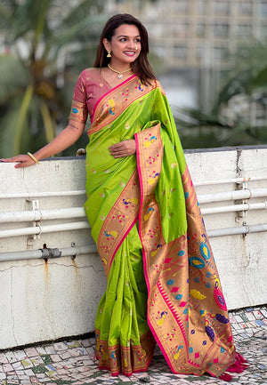 Pista Banarasi Silk Blend Saree With Blouse Piece