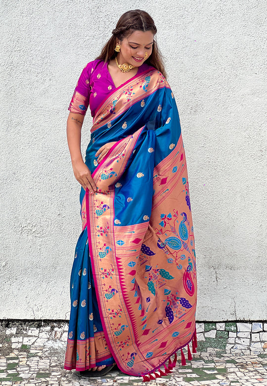 Rama Banarasi Silk Blend Saree With Blouse Piece