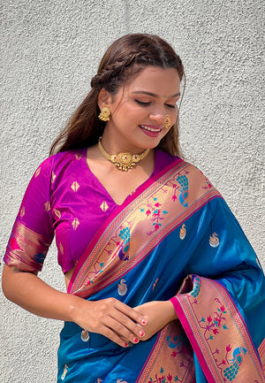 Rama Banarasi Silk Blend Saree With Blouse Piece