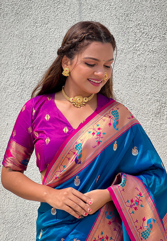 Rama Banarasi Silk Blend Saree With Blouse Piece