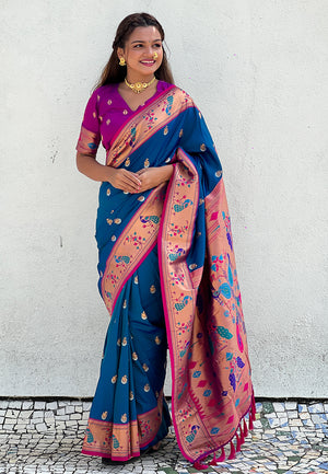 Rama Banarasi Silk Blend Saree With Blouse Piece