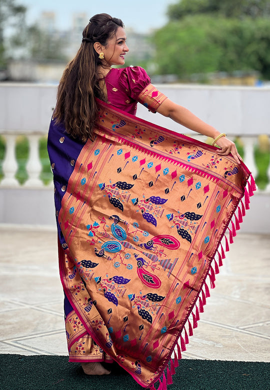 Violet Banarasi Silk Blend Saree With Blouse Piece