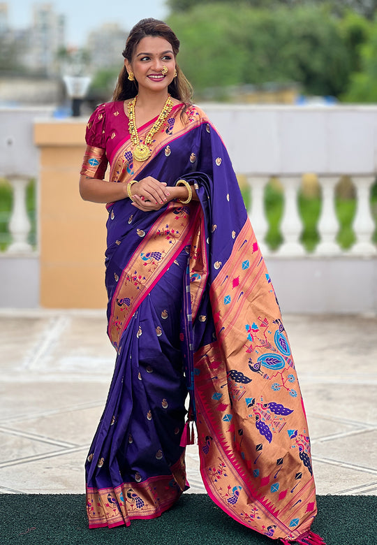 Violet Banarasi Silk Blend Saree With Blouse Piece