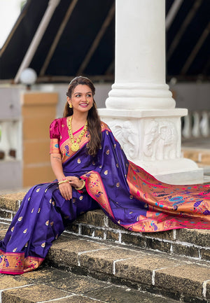 Violet Banarasi Silk Blend Saree With Blouse Piece