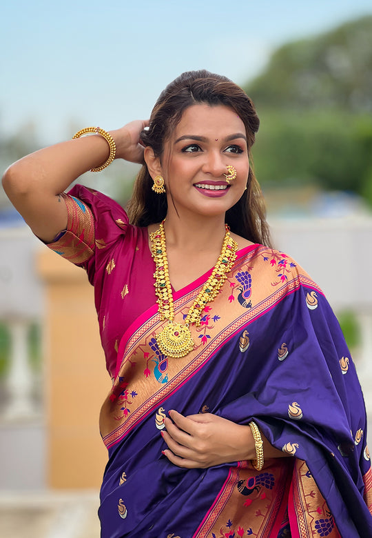 Violet Banarasi Silk Blend Saree With Blouse Piece