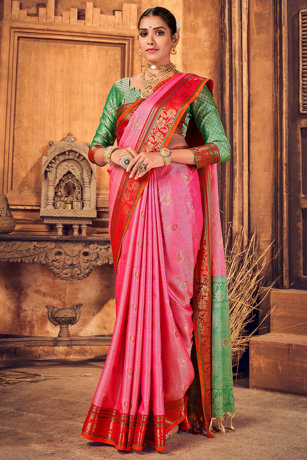 Womens Cotton Pink Saree With Blouse Piece