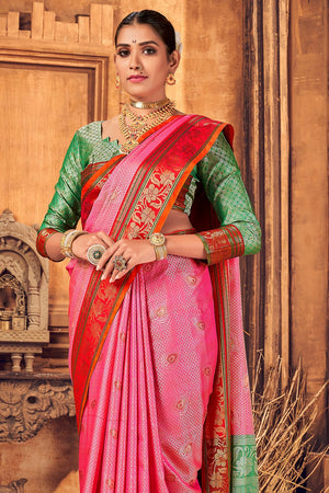 Womens Cotton Pink Saree With Blouse Piece