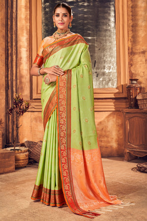 Womens Cotton Green Saree With Blouse Piece
