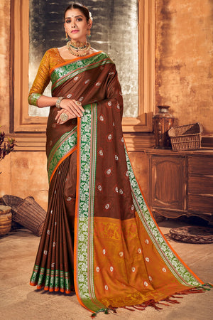 Womens Cotton Brown Saree With Blouse Piece