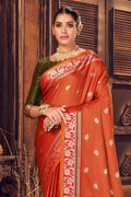 Womens Cotton Orange Saree With Blouse Piece
