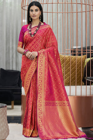 Womens Kanjivaram Silk Pink Saree With Blouse Piece