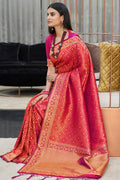 Womens Kanjivaram Silk Pink Saree With Blouse Piece