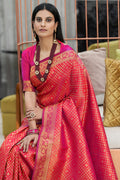Womens Kanjivaram Silk Pink Saree With Blouse Piece