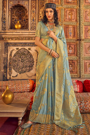 Womens Chiffon Sky Blue Saree With Blouse Piece